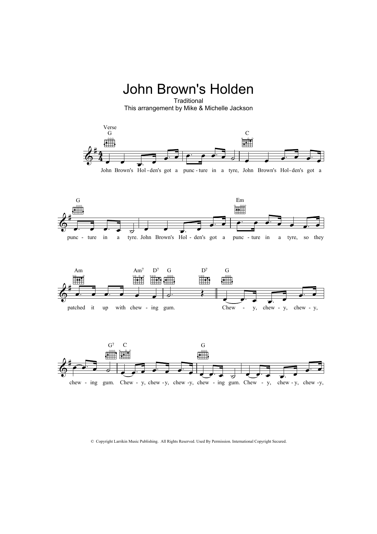 Traditional John Brown's Holden Sheet Music Notes & Chords for Melody Line, Lyrics & Chords - Download or Print PDF