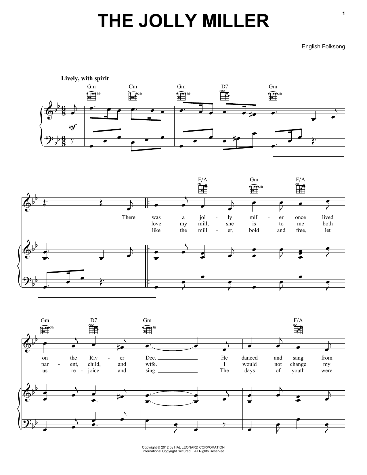 Traditional Jolly Miller Sheet Music Notes & Chords for Piano, Vocal & Guitar (Right-Hand Melody) - Download or Print PDF