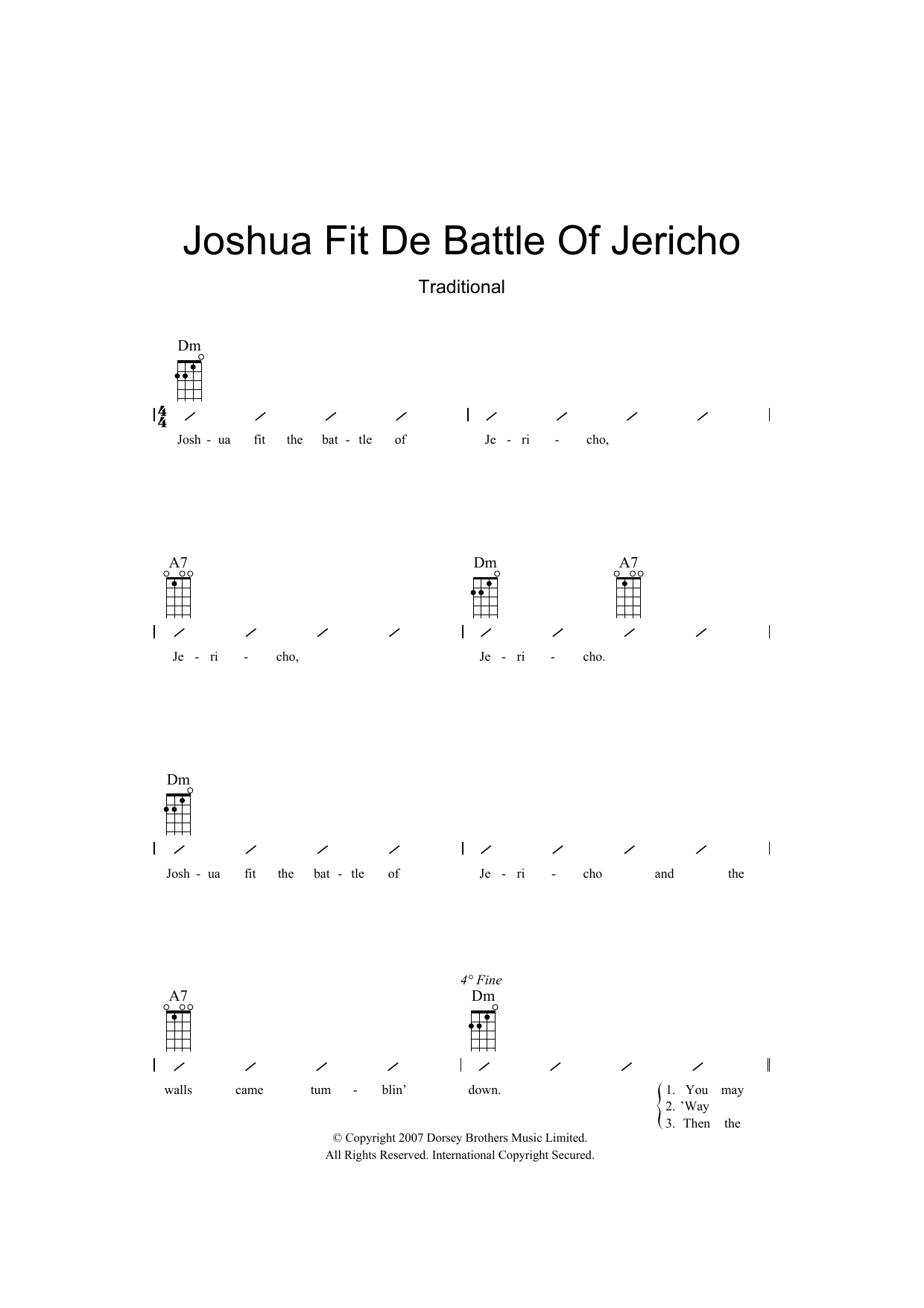 Traditional Joshua Fit De Battle Of Jericho Sheet Music Notes & Chords for Ukulele with strumming patterns - Download or Print PDF