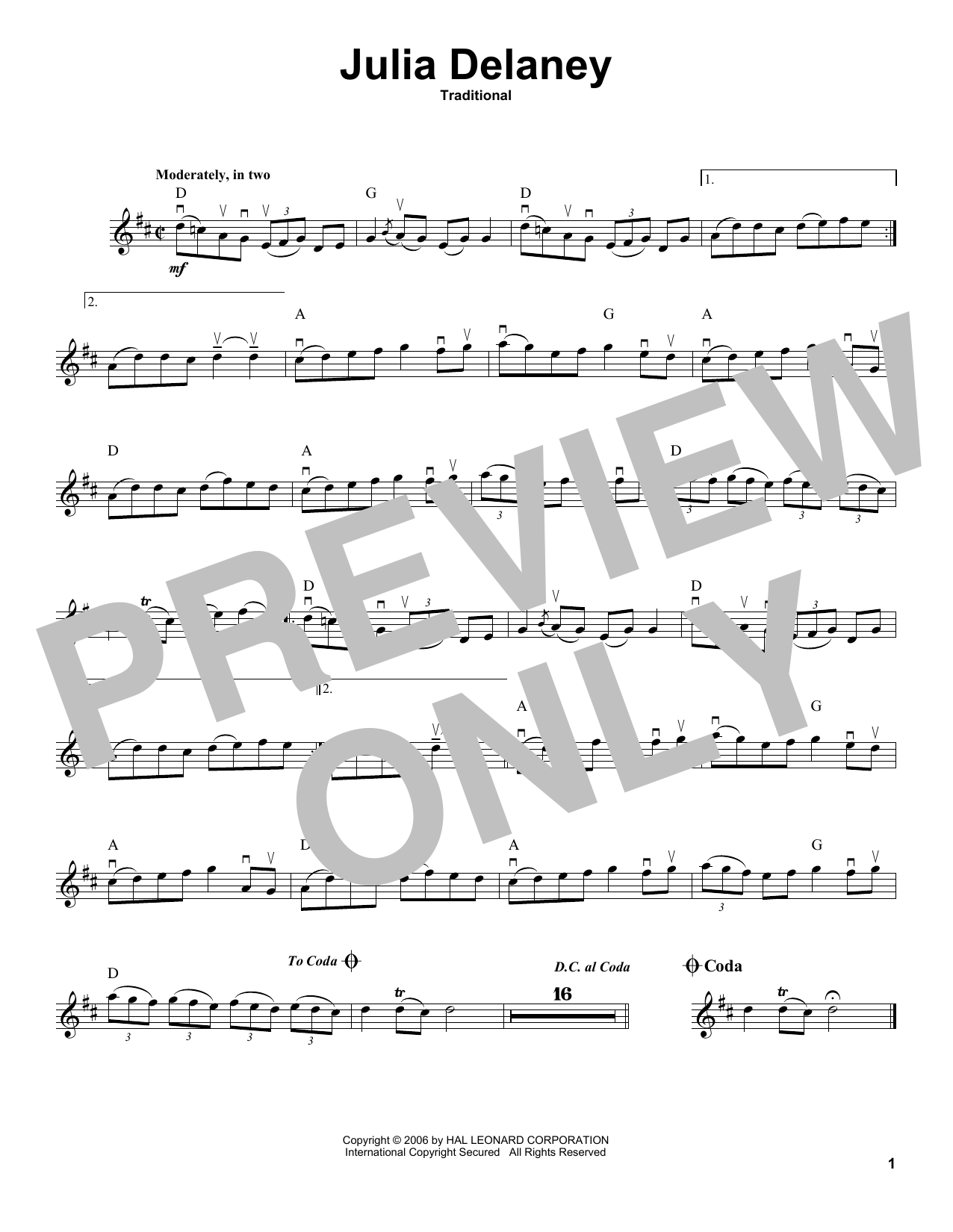 Traditional Julia Delaney Sheet Music Notes & Chords for Violin Solo - Download or Print PDF
