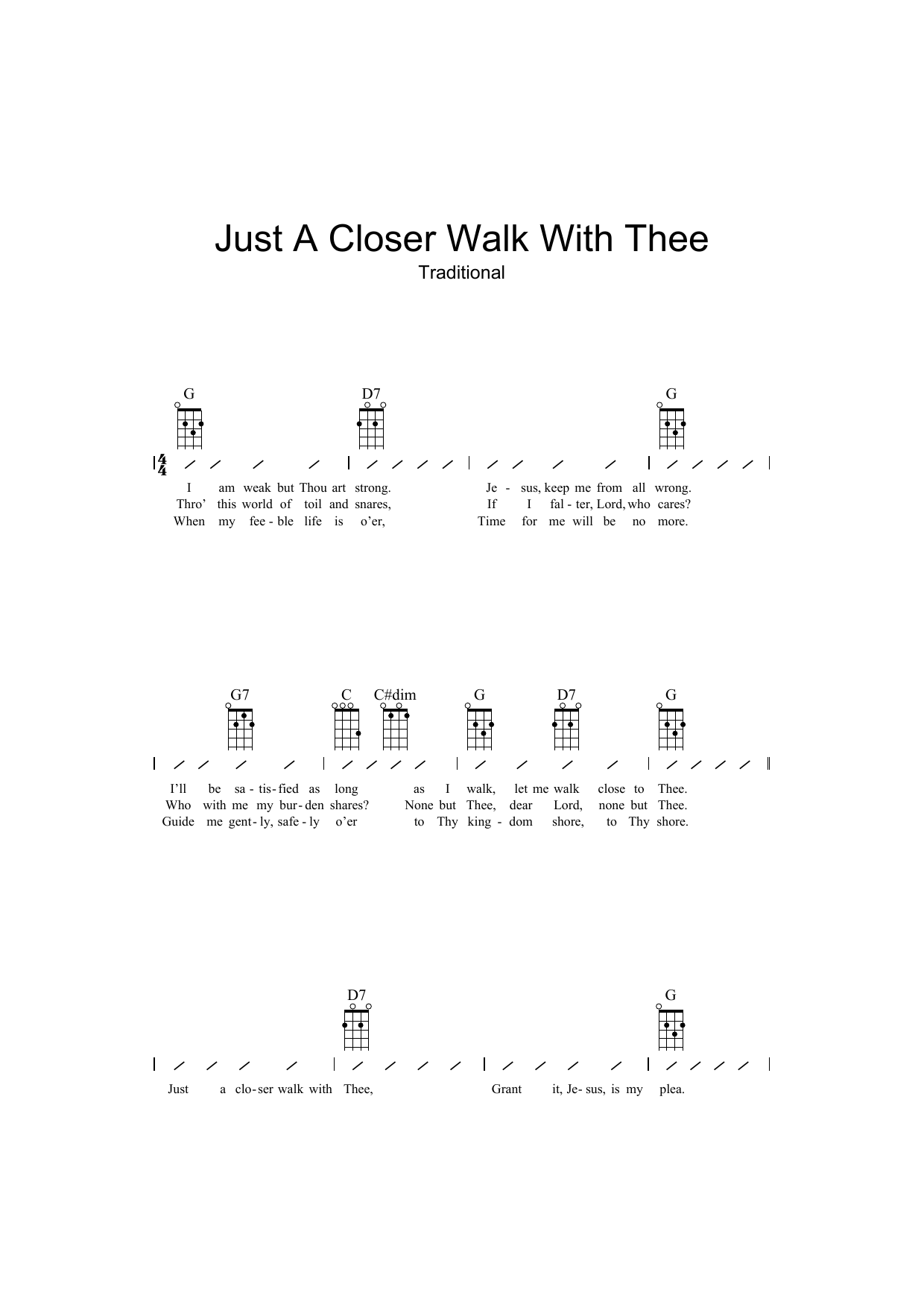 Traditional Just A Closer Walk With Thee Sheet Music Notes & Chords for Ukulele with strumming patterns - Download or Print PDF
