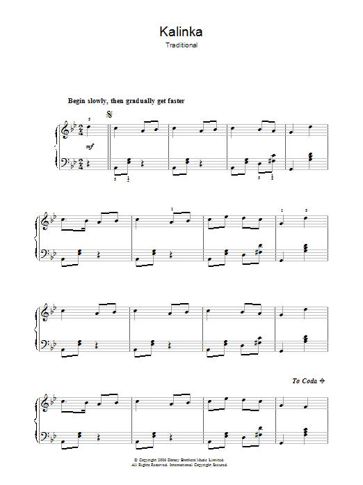 Traditional Kalinka Sheet Music Notes & Chords for Beginner Piano - Download or Print PDF