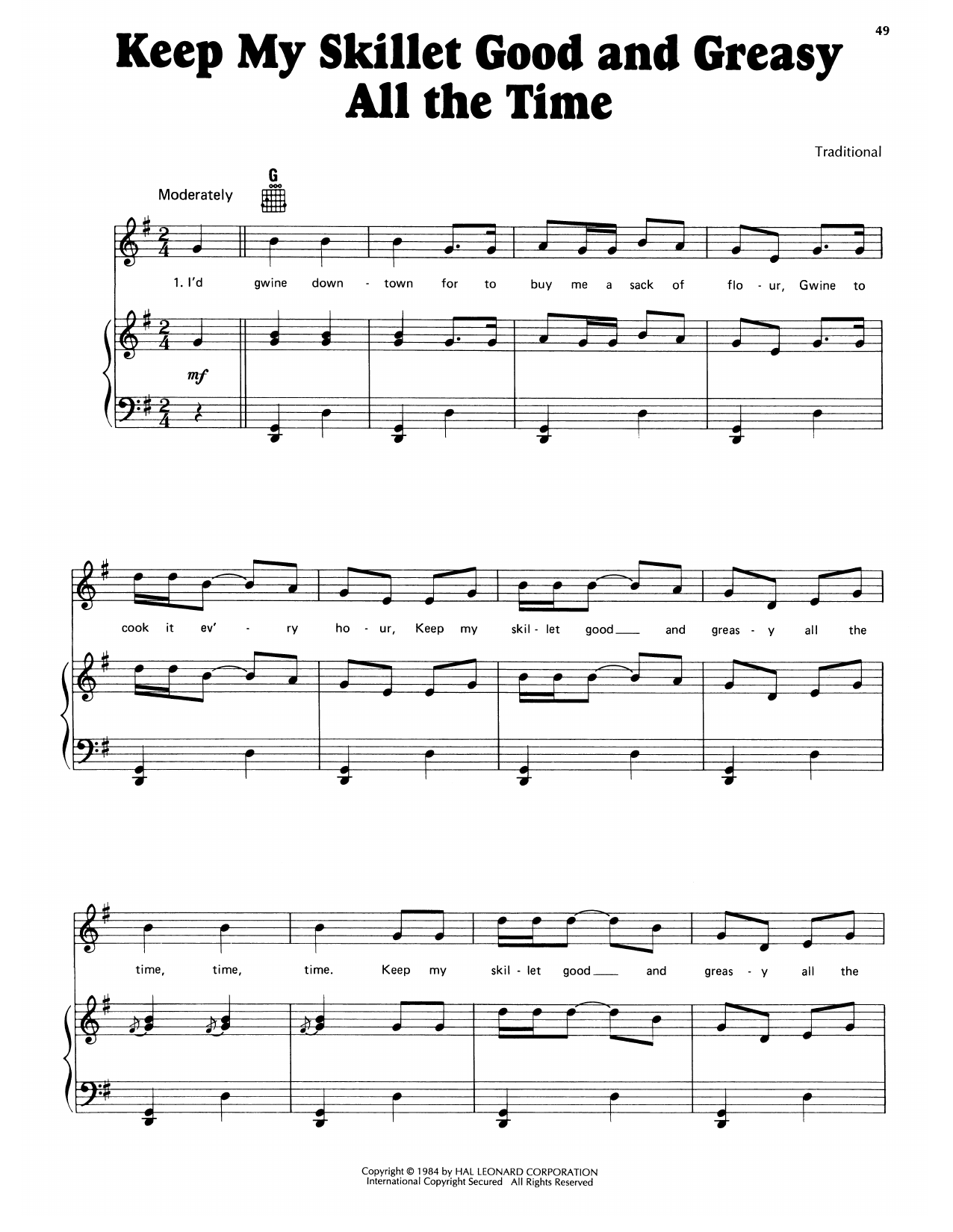 Traditional Keep My Skillet Good And Greasy All The Time Sheet Music Notes & Chords for Piano, Vocal & Guitar Chords (Right-Hand Melody) - Download or Print PDF