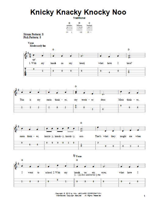 Traditional Knicky Knacky Knocky Noo Sheet Music Notes & Chords for Easy Guitar Tab - Download or Print PDF