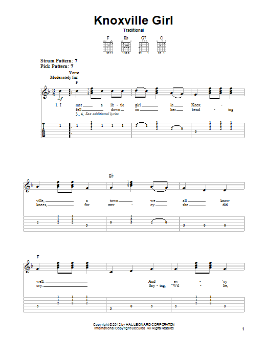 Traditional Knoxville Girl Sheet Music Notes & Chords for Easy Guitar Tab - Download or Print PDF