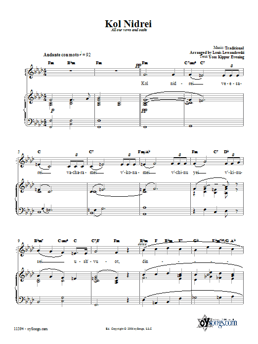 Traditional Kol Nidrei Sheet Music Notes & Chords for Piano, Vocal & Guitar (Right-Hand Melody) - Download or Print PDF