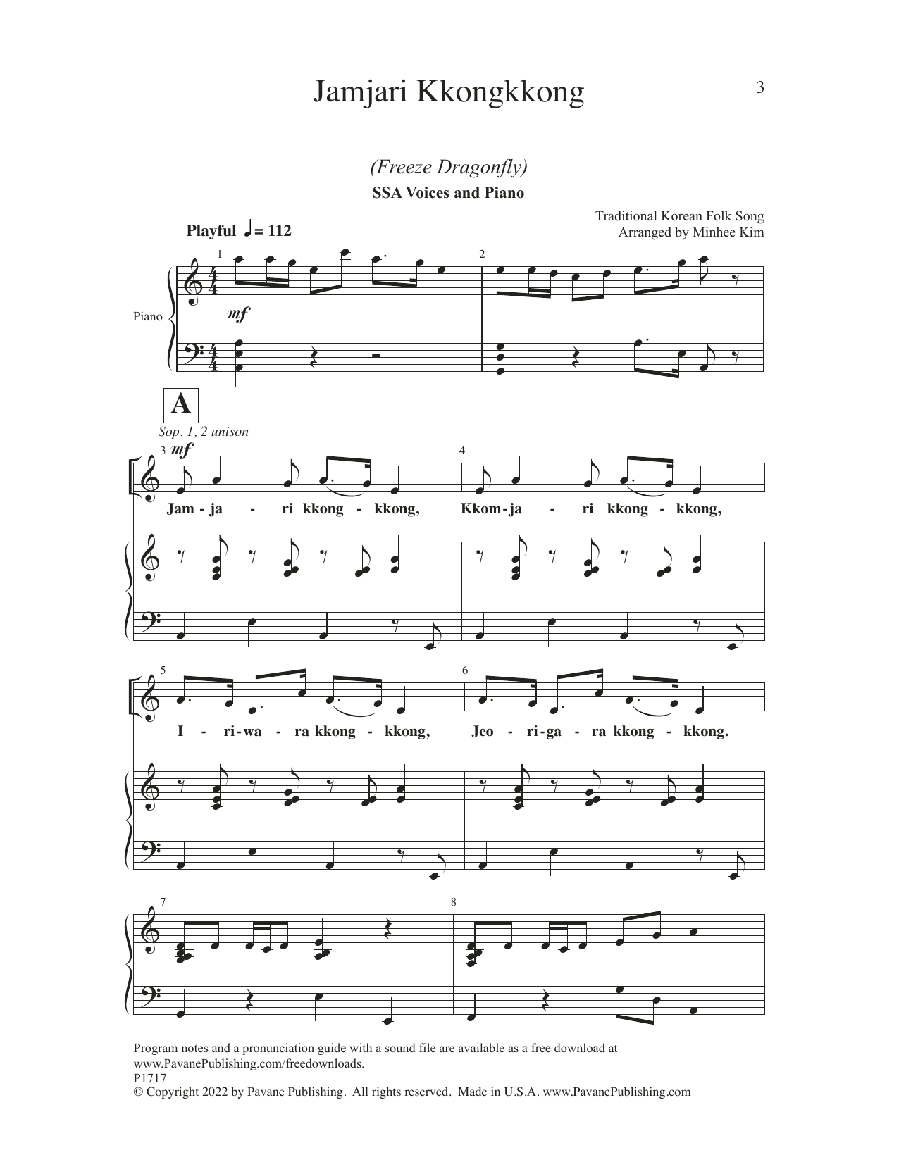 Traditional Korean Folk Song Jamjari Kkongkkong (Freeze Dragonfly) (arr. Minhee Kim) Sheet Music Notes & Chords for SSA Choir - Download or Print PDF