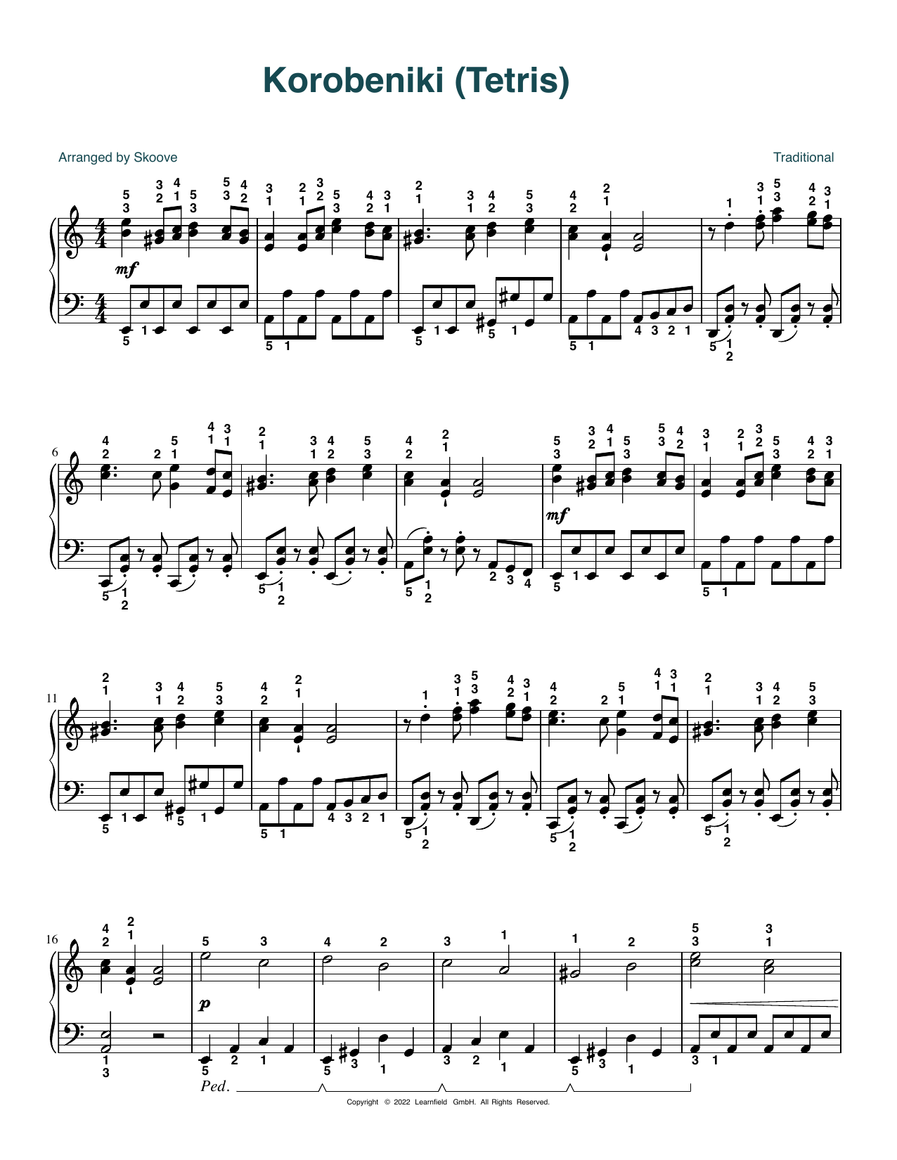 Traditional Korobeniki (Tetris) (arr. Skoove) Sheet Music Notes & Chords for Piano Solo - Download or Print PDF
