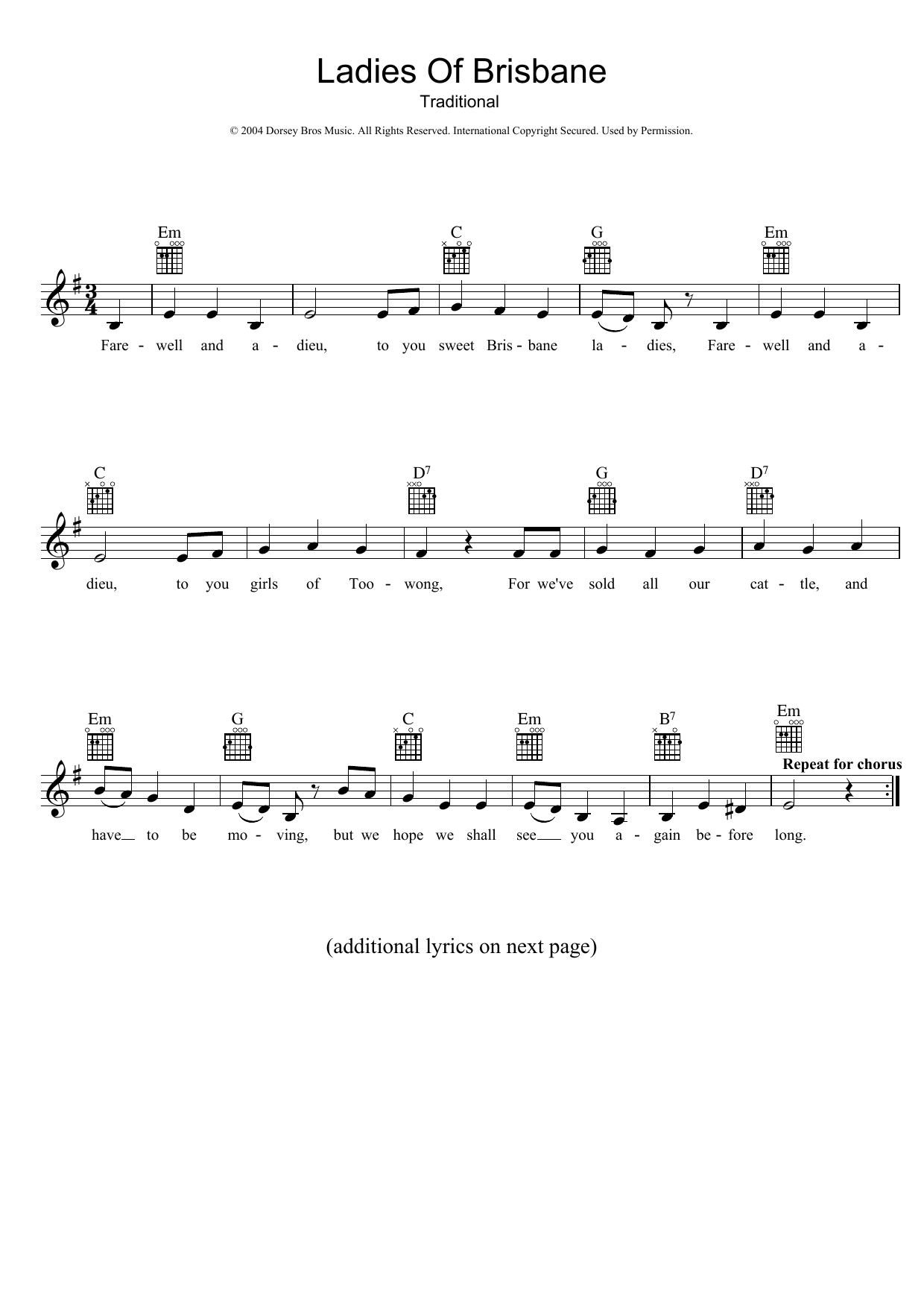 Traditional Ladies Of Brisbane Sheet Music Notes & Chords for Melody Line, Lyrics & Chords - Download or Print PDF