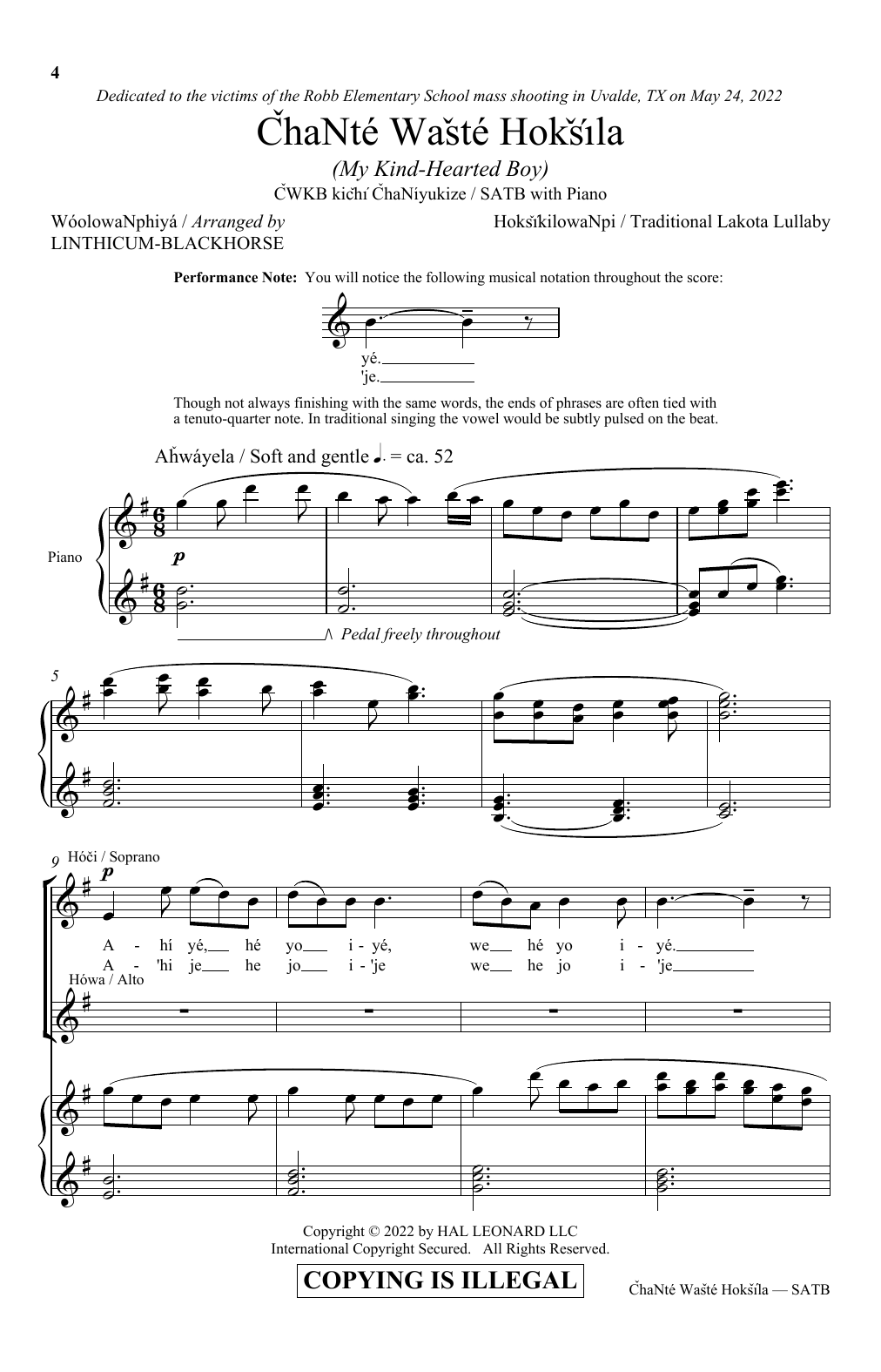 Traditional Lakota Lullaby Chante Waste Hoksila (My Kind-Hearted Boy) (arr. Linthicum-Blackhorse) Sheet Music Notes & Chords for Choir - Download or Print PDF