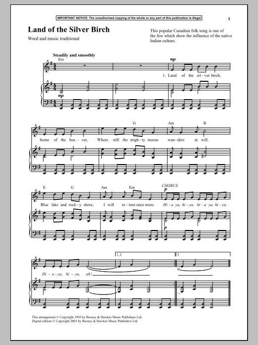 Traditional Land Of The Silver Birch Sheet Music Notes & Chords for Piano - Download or Print PDF