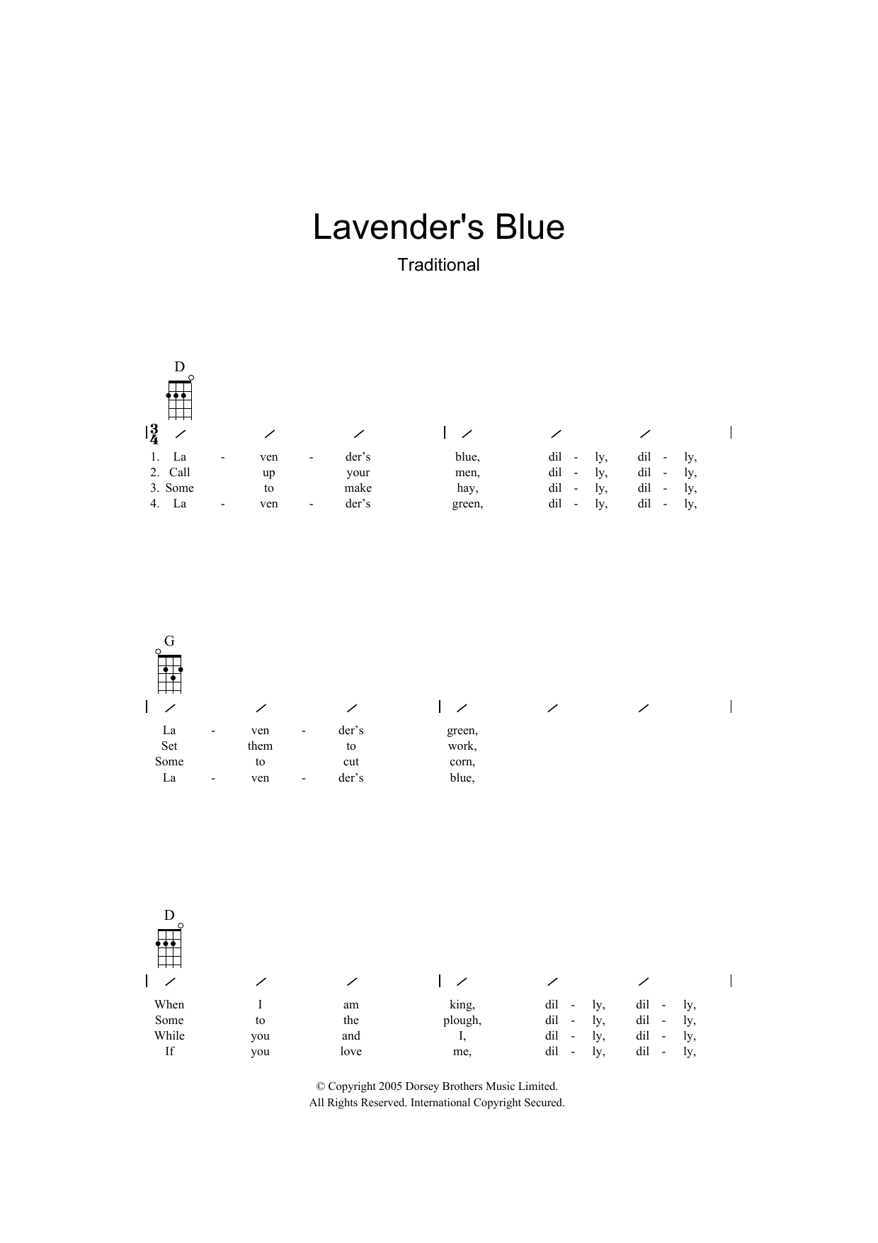 Traditional Lavender Blue Sheet Music Notes & Chords for Ukulele with strumming patterns - Download or Print PDF