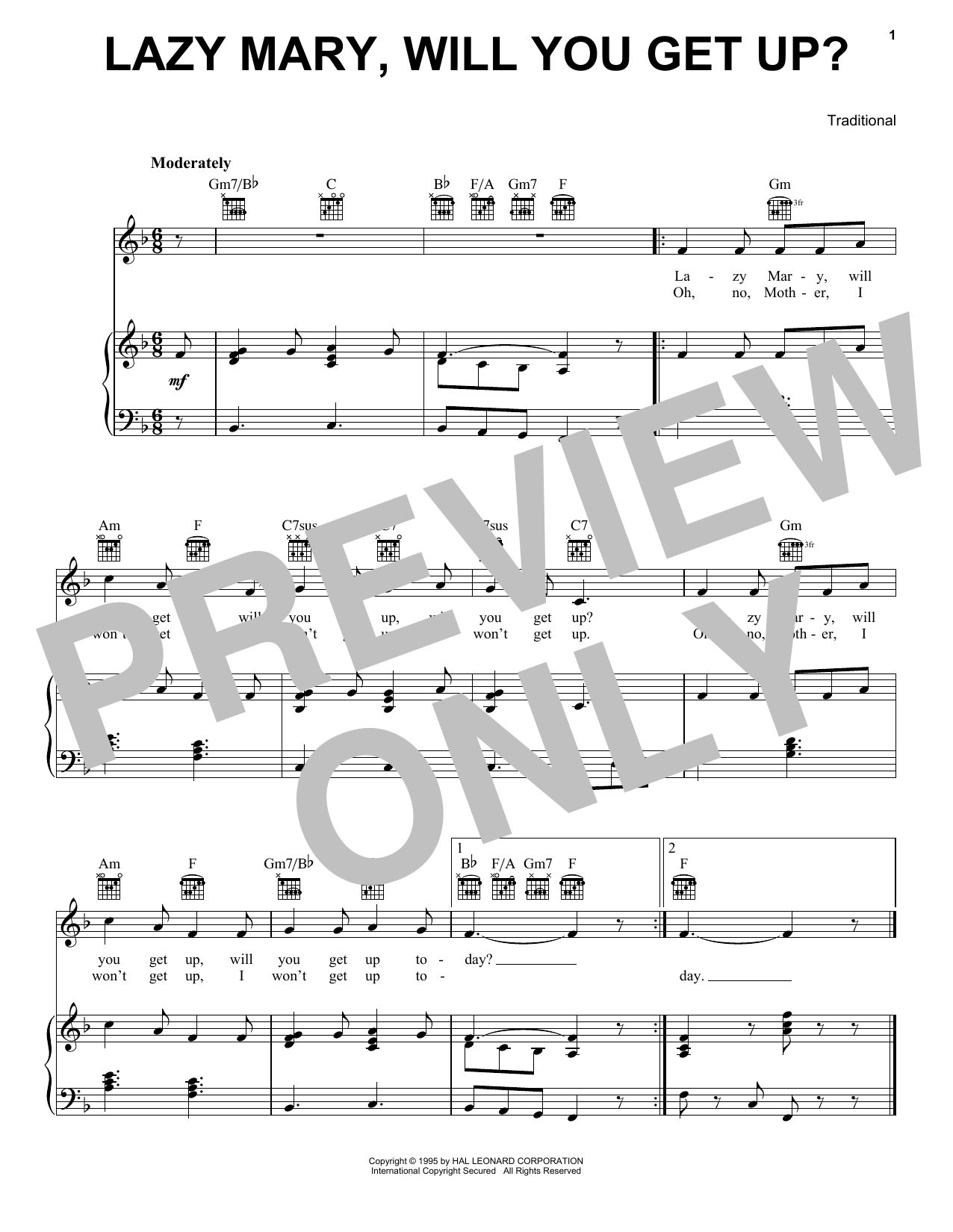 Traditional Lazy Mary, Will You Get Up? Sheet Music Notes & Chords for Piano, Vocal & Guitar Chords (Right-Hand Melody) - Download or Print PDF