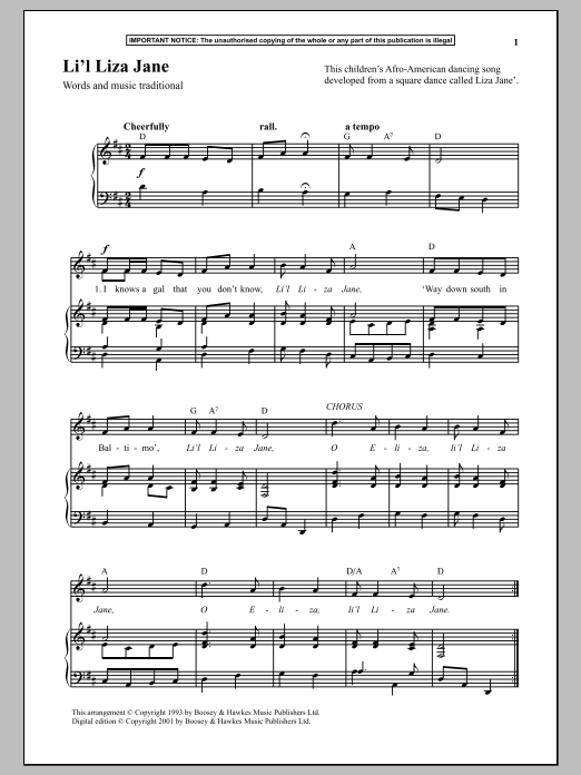 Traditional Li l Liza Jane Sheet Music Notes & Chords for Piano - Download or Print PDF