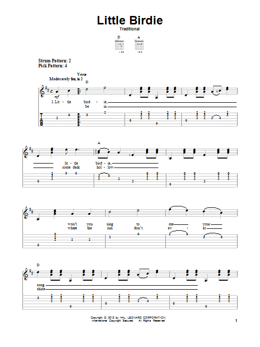 Traditional Little Birdie Sheet Music Notes & Chords for Easy Guitar Tab - Download or Print PDF
