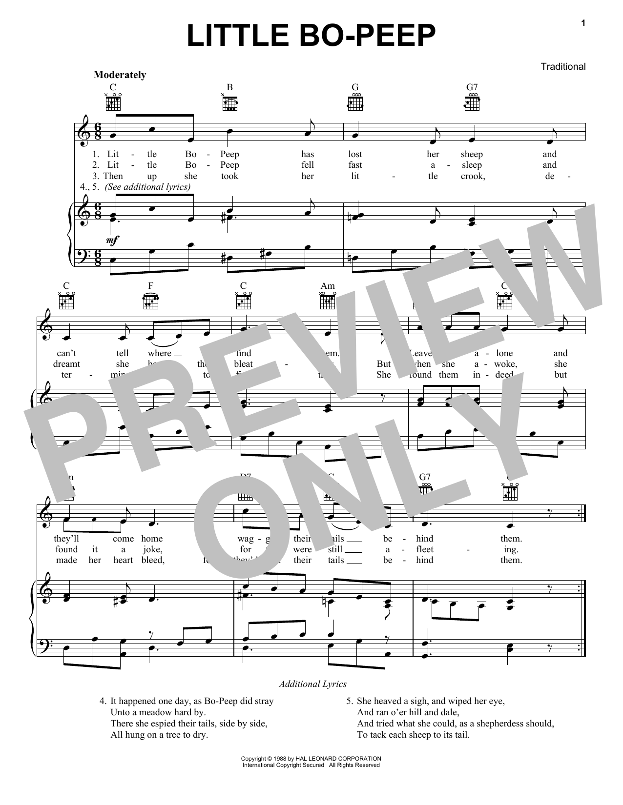 Traditional Little Bo-Peep Sheet Music Notes & Chords for Piano, Vocal & Guitar Chords (Right-Hand Melody) - Download or Print PDF