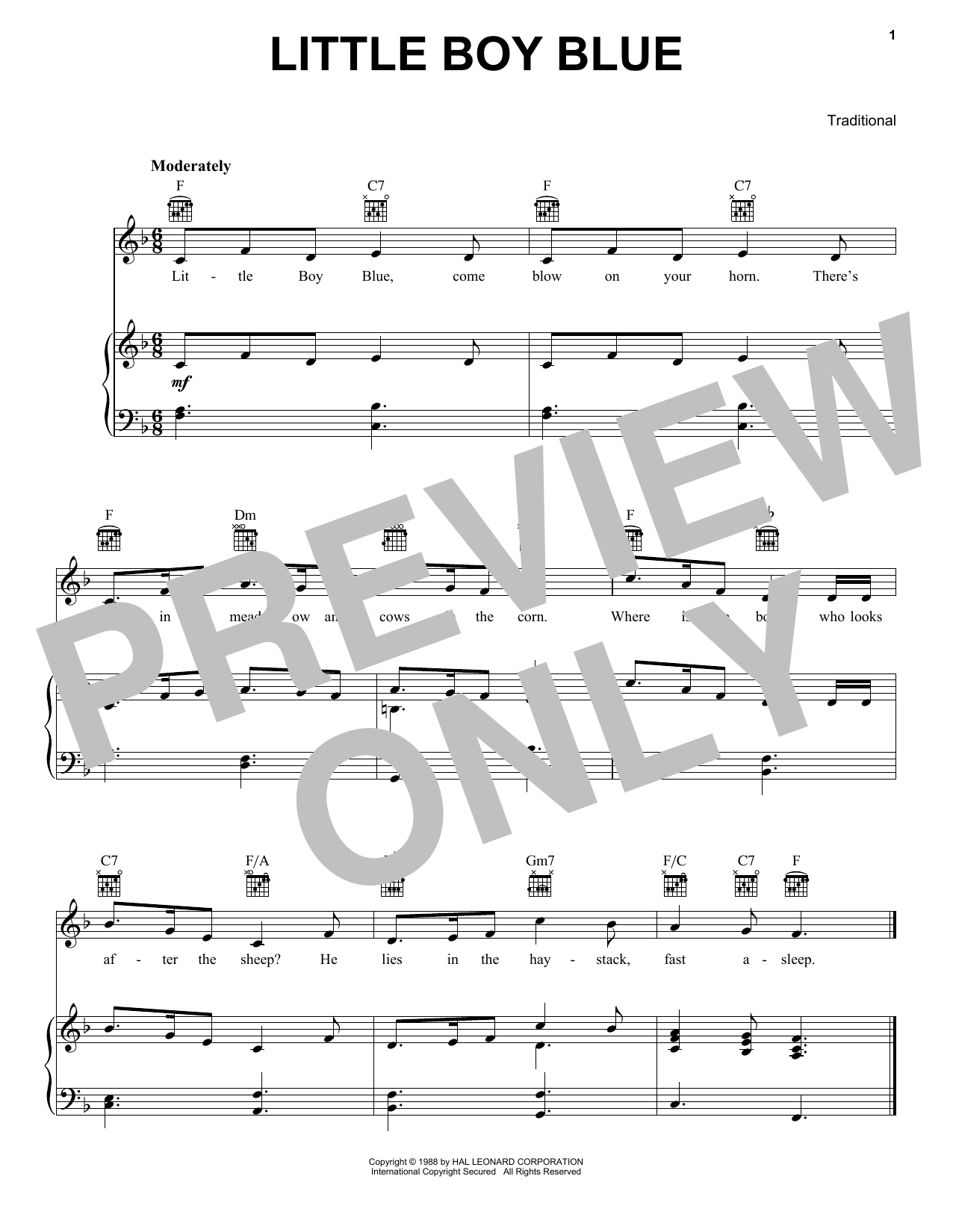 Traditional Little Boy Blue Sheet Music Notes & Chords for Piano, Vocal & Guitar Chords (Right-Hand Melody) - Download or Print PDF