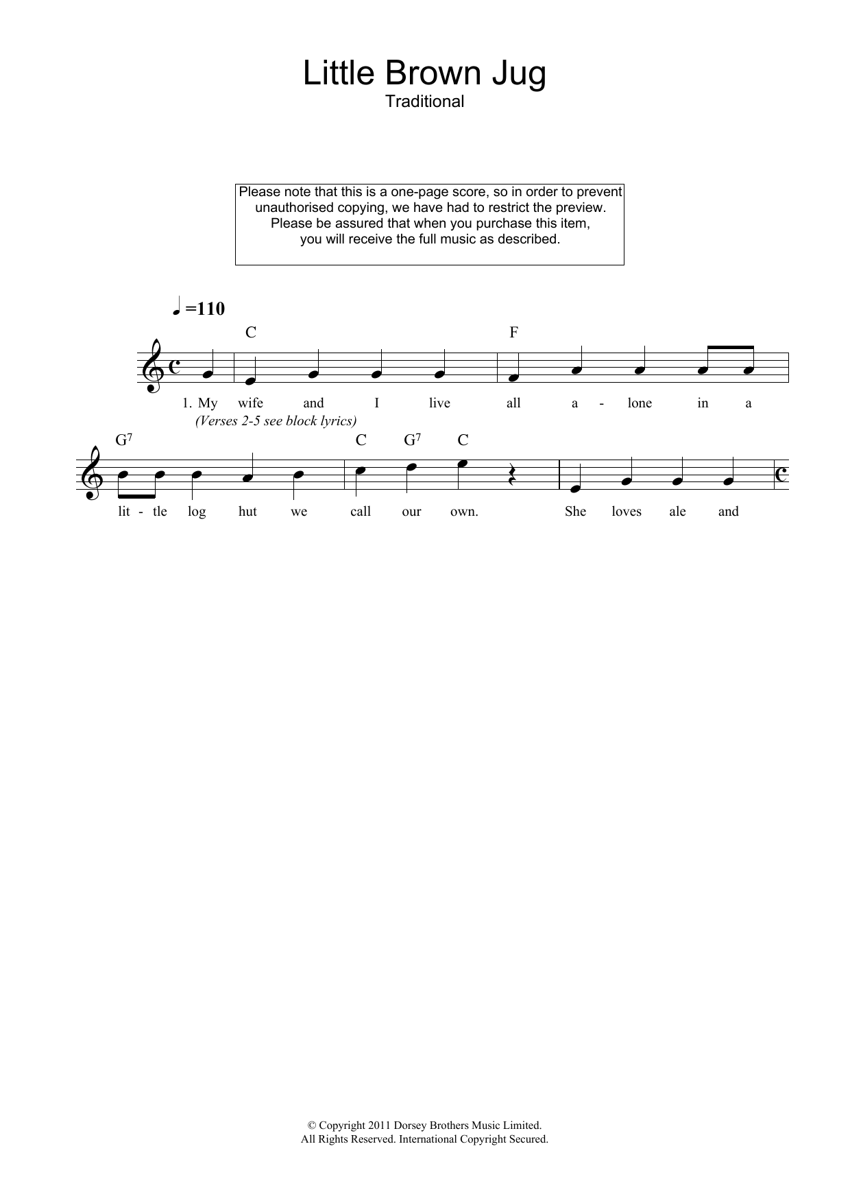 Traditional Little Brown Jug Sheet Music Notes & Chords for Melody Line, Lyrics & Chords - Download or Print PDF