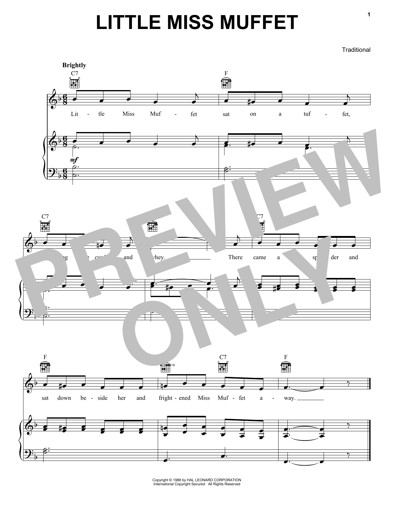 Traditional Little Miss Muffet Sheet Music Notes & Chords for Piano, Vocal & Guitar Chords (Right-Hand Melody) - Download or Print PDF