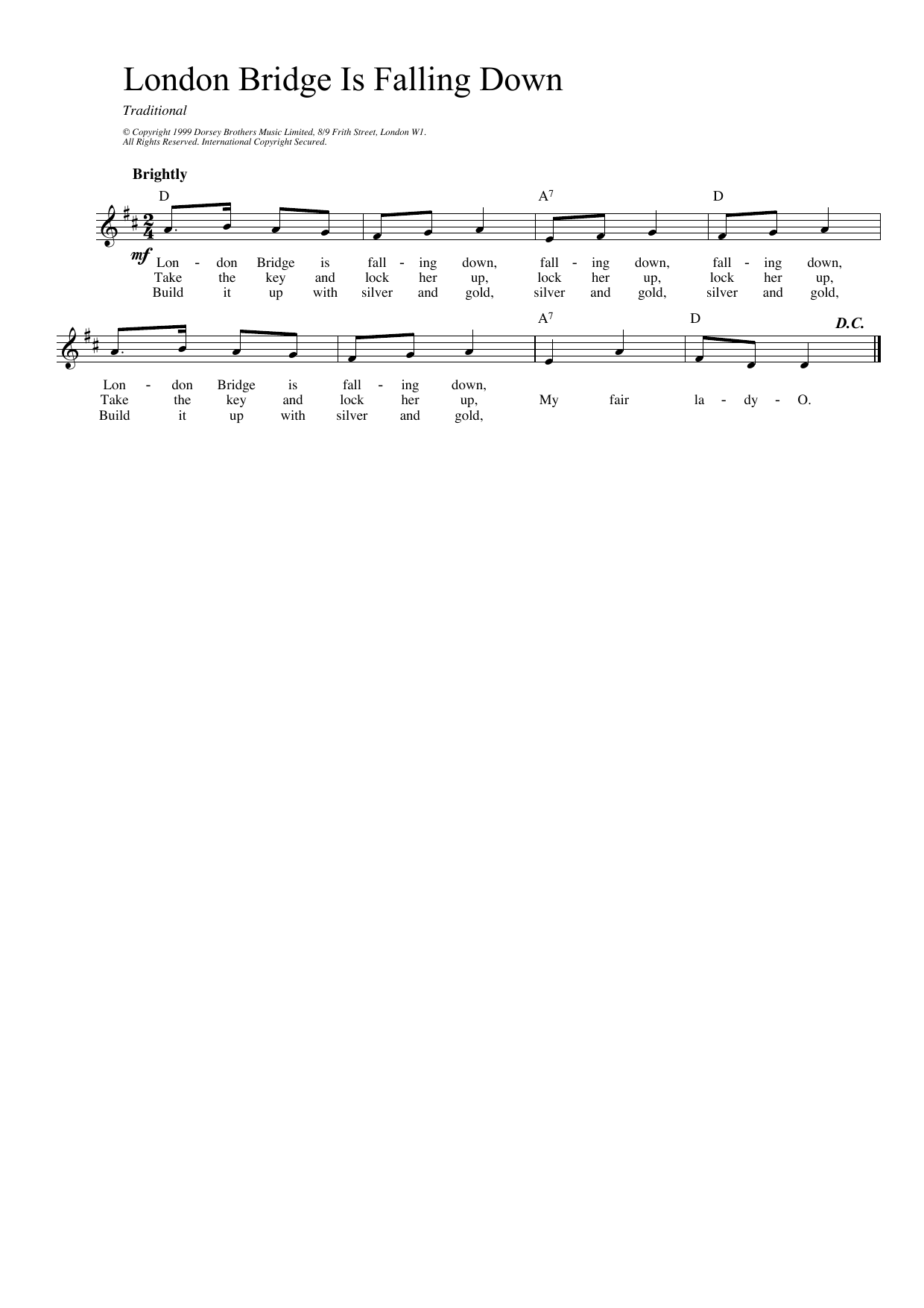 Traditional London Bridge Sheet Music Notes & Chords for Melody Line, Lyrics & Chords - Download or Print PDF