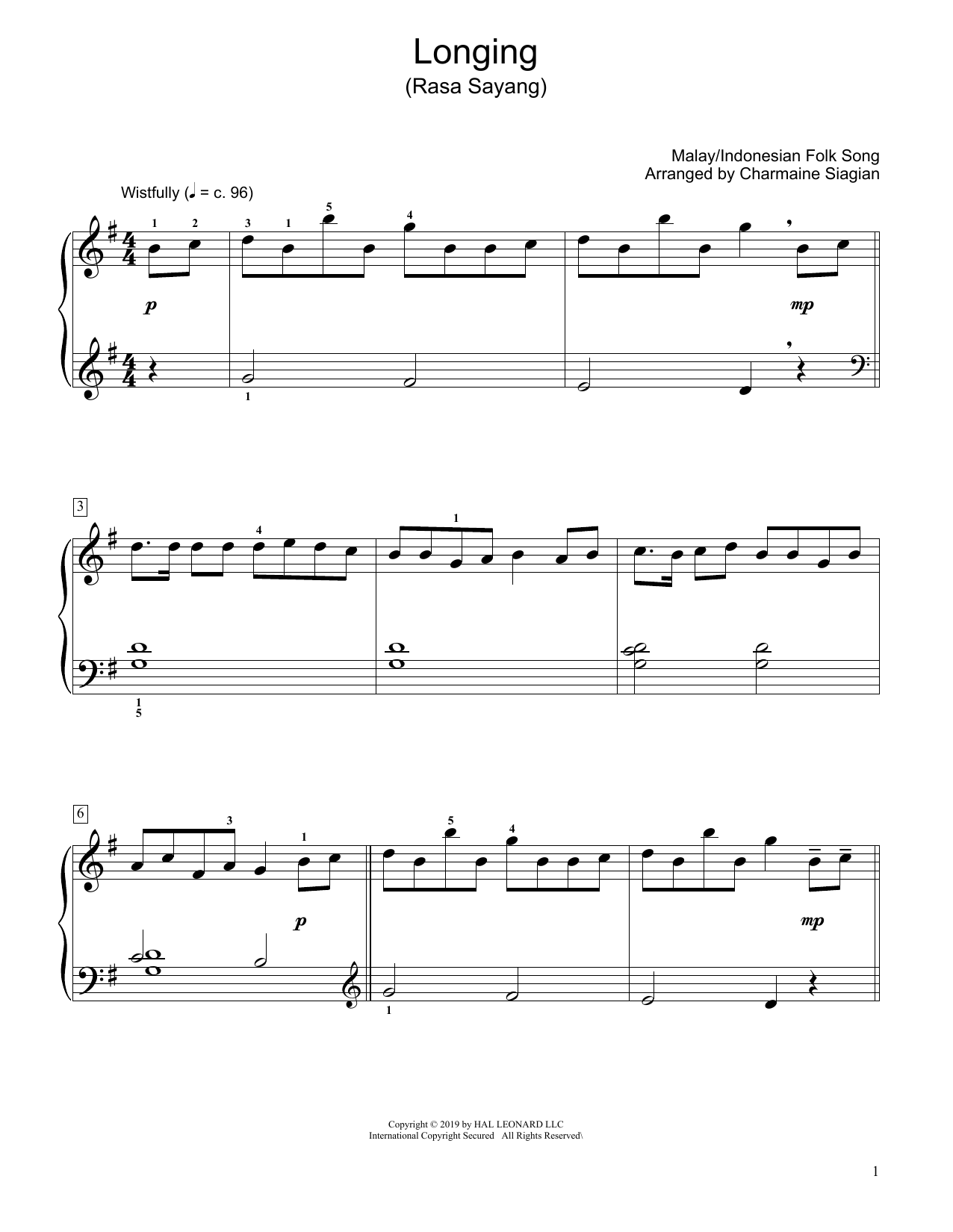 Traditional Longing (Rasa Sayang) (arr. Charmaine Siagian) Sheet Music Notes & Chords for Educational Piano - Download or Print PDF