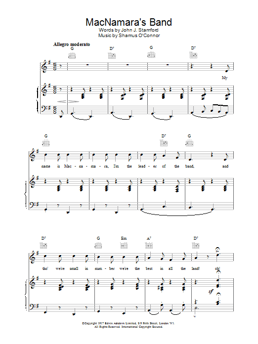 Traditional MacNamara's Band Sheet Music Notes & Chords for Piano, Vocal & Guitar (Right-Hand Melody) - Download or Print PDF
