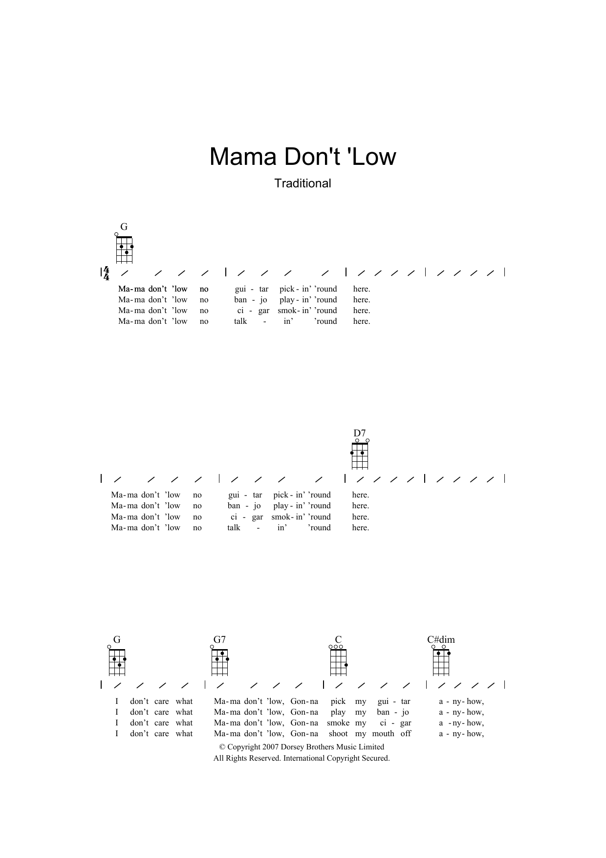Traditional Mama Don't 'low Sheet Music Notes & Chords for Ukulele with strumming patterns - Download or Print PDF