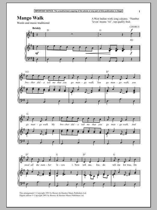 Traditional Mango Walk Sheet Music Notes & Chords for Piano & Vocal - Download or Print PDF
