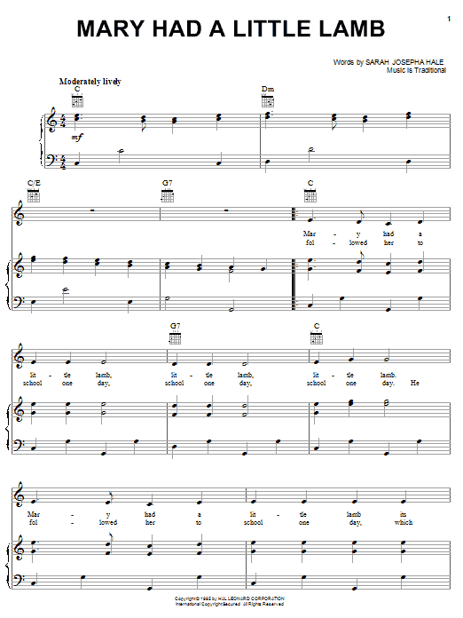 Traditional Mary Had A Little Lamb Sheet Music Notes & Chords for Lyrics & Chords - Download or Print PDF