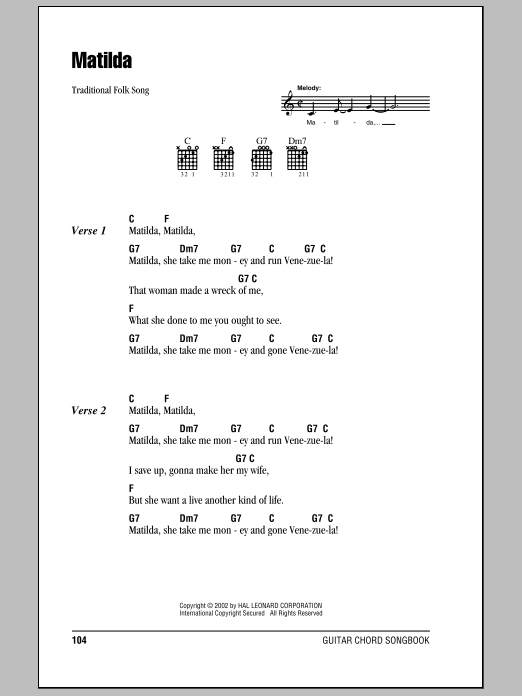 Traditional Matilda Sheet Music Notes & Chords for Lyrics & Chords - Download or Print PDF