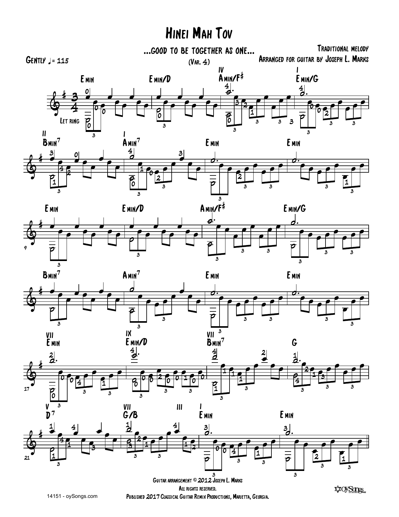 Traditional Melody Heiveinu Shalom Aleichem Vars 1, 2, 3 (arr. Joe Marks) Sheet Music Notes & Chords for Solo Guitar Tab - Download or Print PDF