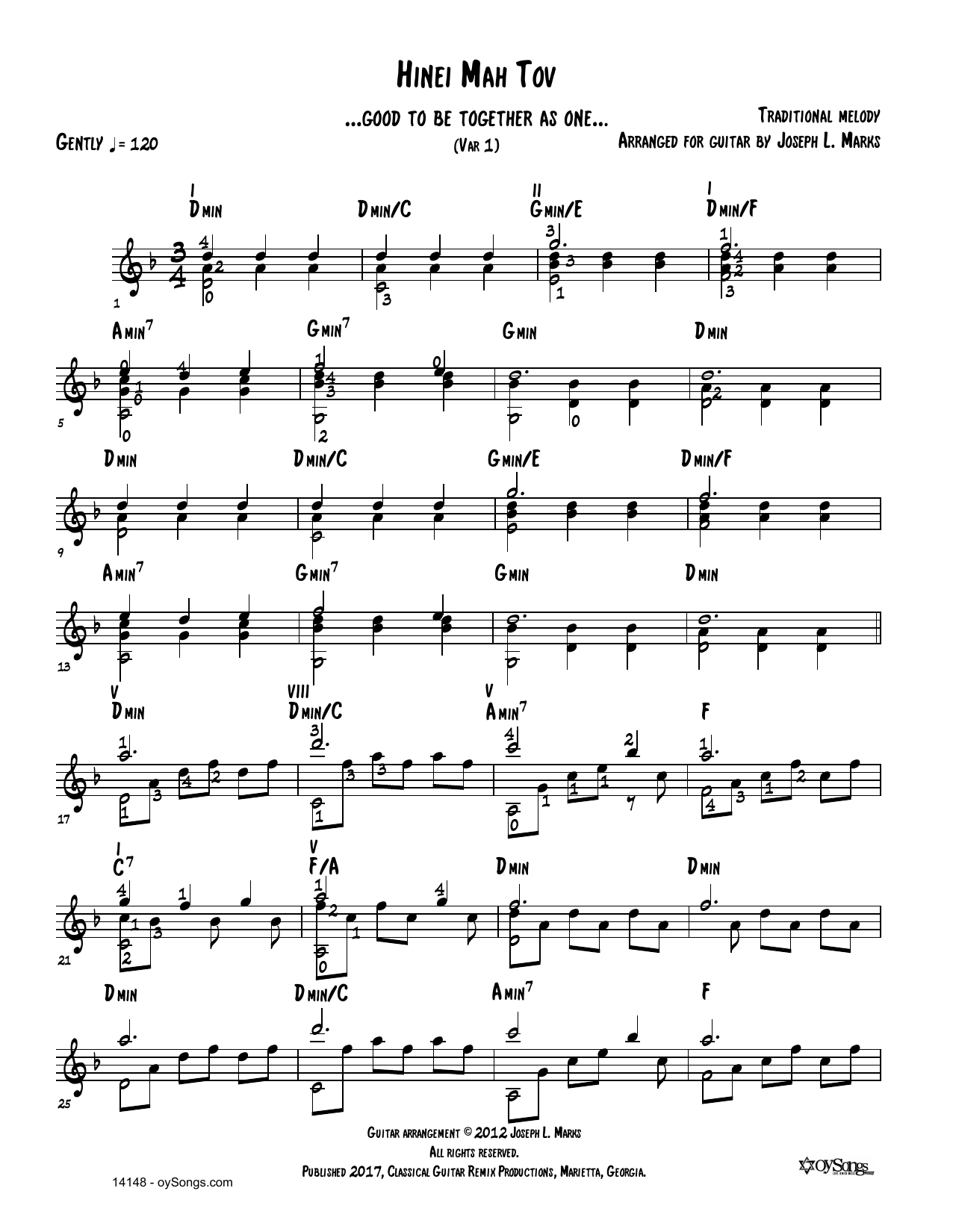 Traditional Melody Hinei Mah Tov Var 1 (arr. Joe Marks) Sheet Music Notes & Chords for Solo Guitar Tab - Download or Print PDF