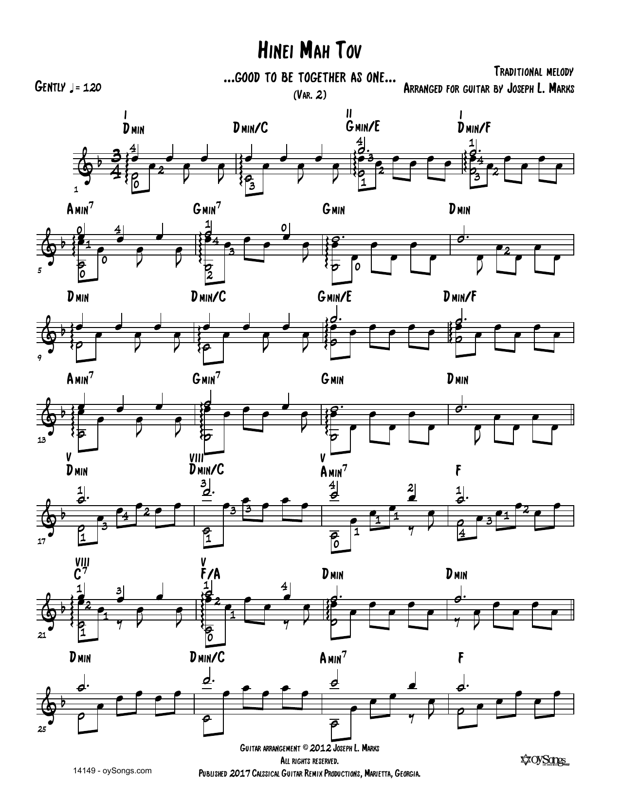 Traditional Melody Hinei Mah Tov Var 2 (arr. Joe Marks) Sheet Music Notes & Chords for Solo Guitar Tab - Download or Print PDF
