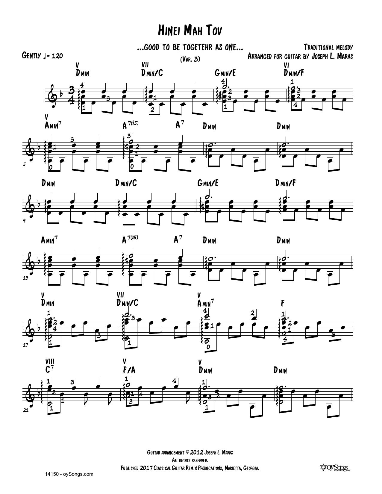 Traditional Melody Hinei Mah Tov Var 3 (arr. Joe Marks) Sheet Music Notes & Chords for Guitar Tab - Download or Print PDF