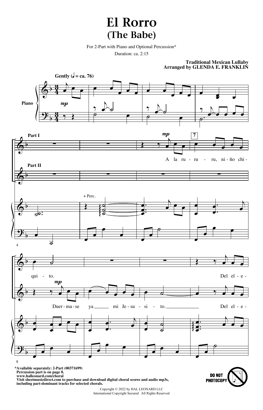 Traditional Mexican Lullaby El Rorro (The Babe) (arr. Glenda E. Franklin) Sheet Music Notes & Chords for 2-Part Choir - Download or Print PDF