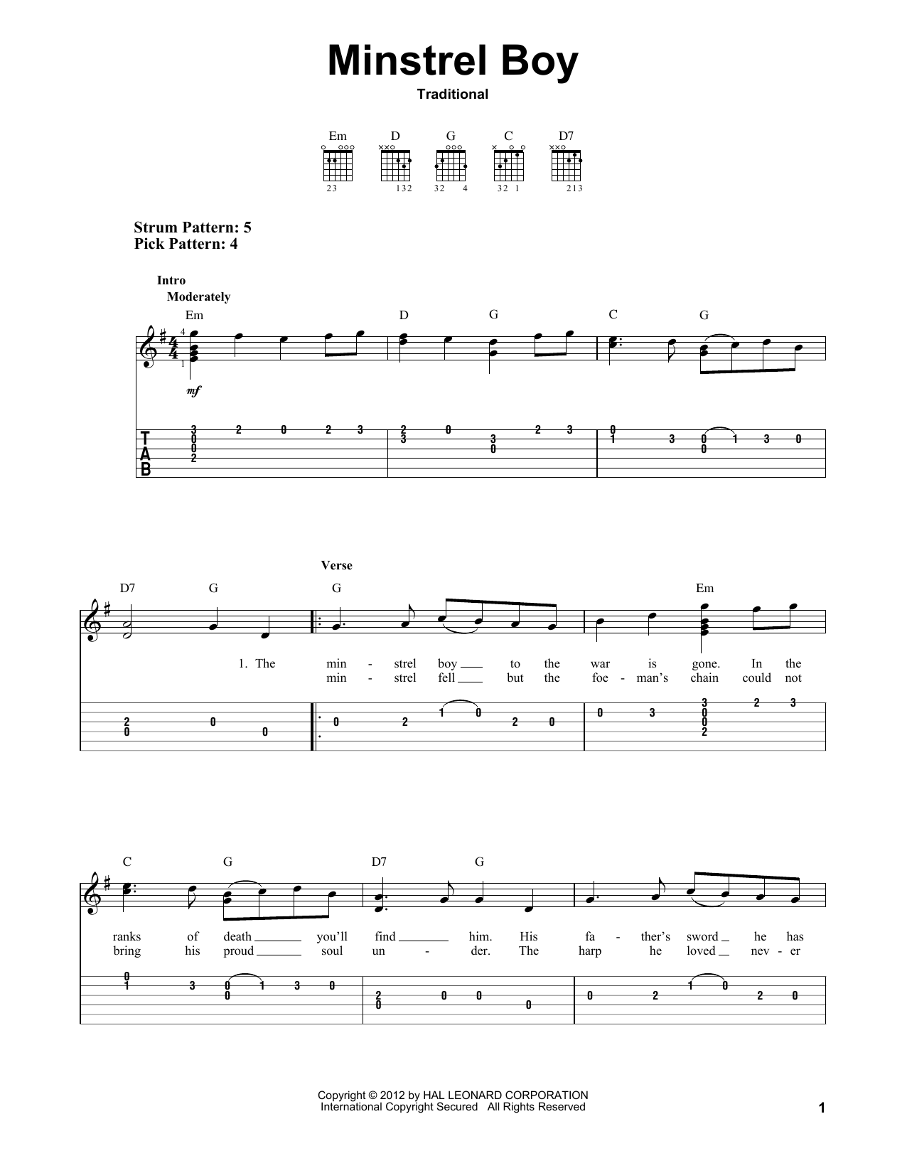 Traditional Minstrel Boy Sheet Music Notes & Chords for Ukulele - Download or Print PDF