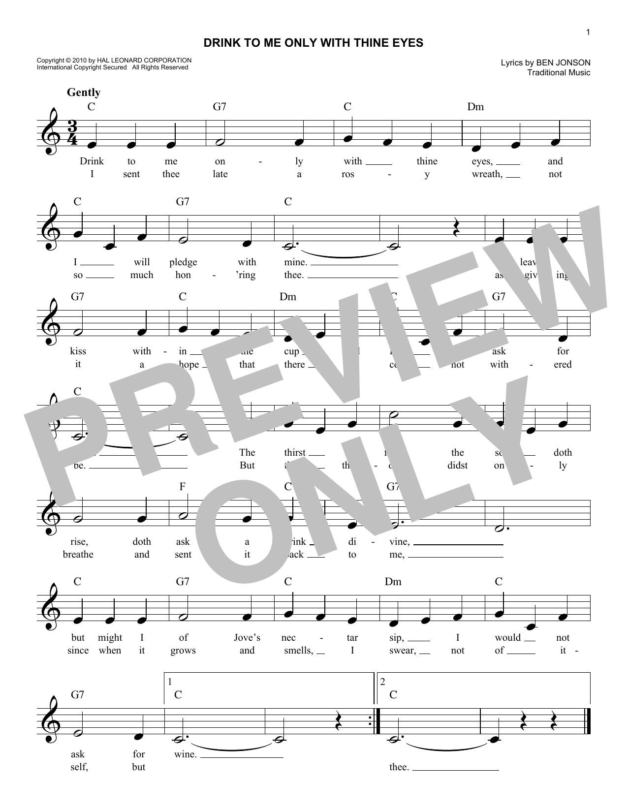 Traditional Music Drink To Me Only With Thine Eyes Sheet Music Notes & Chords for Melody Line, Lyrics & Chords - Download or Print PDF