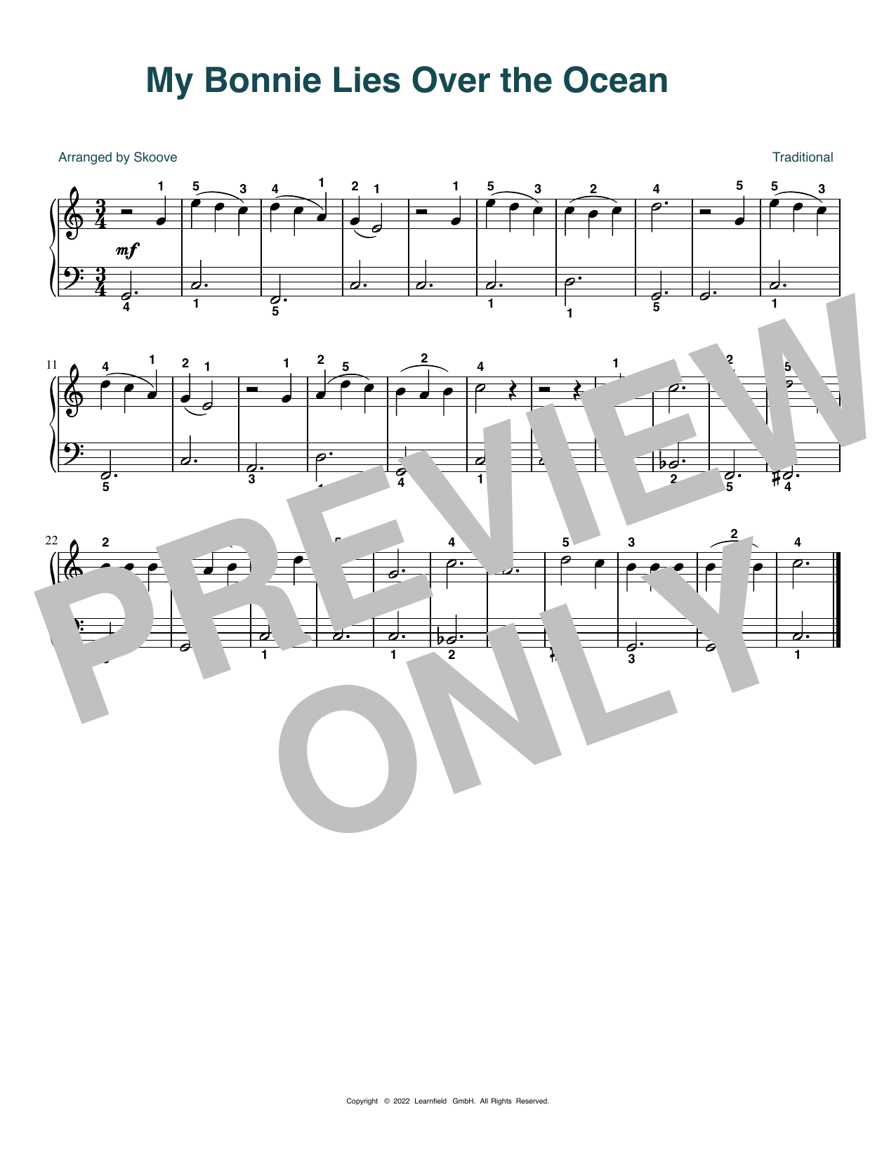 Traditional My Bonny Lies Over The Ocean (arr. Skoove) Sheet Music Notes & Chords for Beginner Piano (Abridged) - Download or Print PDF