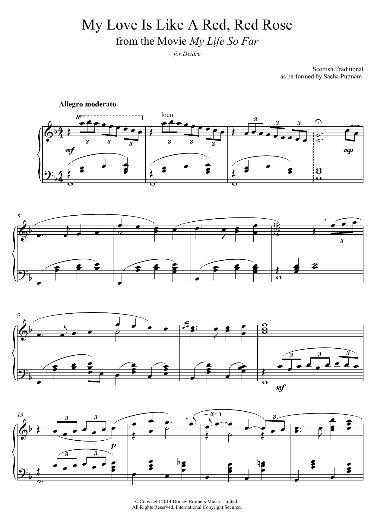 Traditional My Love Is Like A Red, Red Rose (as performed by Sacha Puttnam) Sheet Music Notes & Chords for Piano - Download or Print PDF