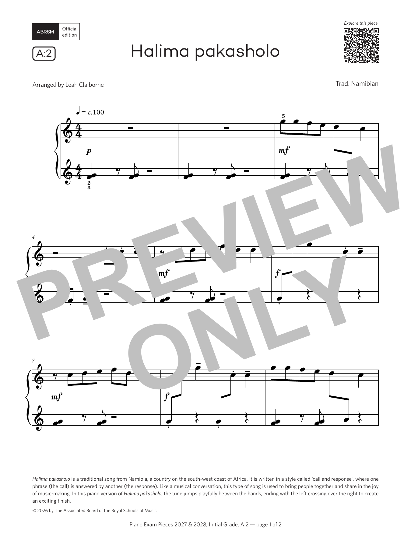 Traditional Namibian Halima pakasholo (Grade Initial, list A2, from the ABRSM Piano Syllabus 2027 & 2028) Sheet Music Notes & Chords for Piano Solo - Download or Print PDF