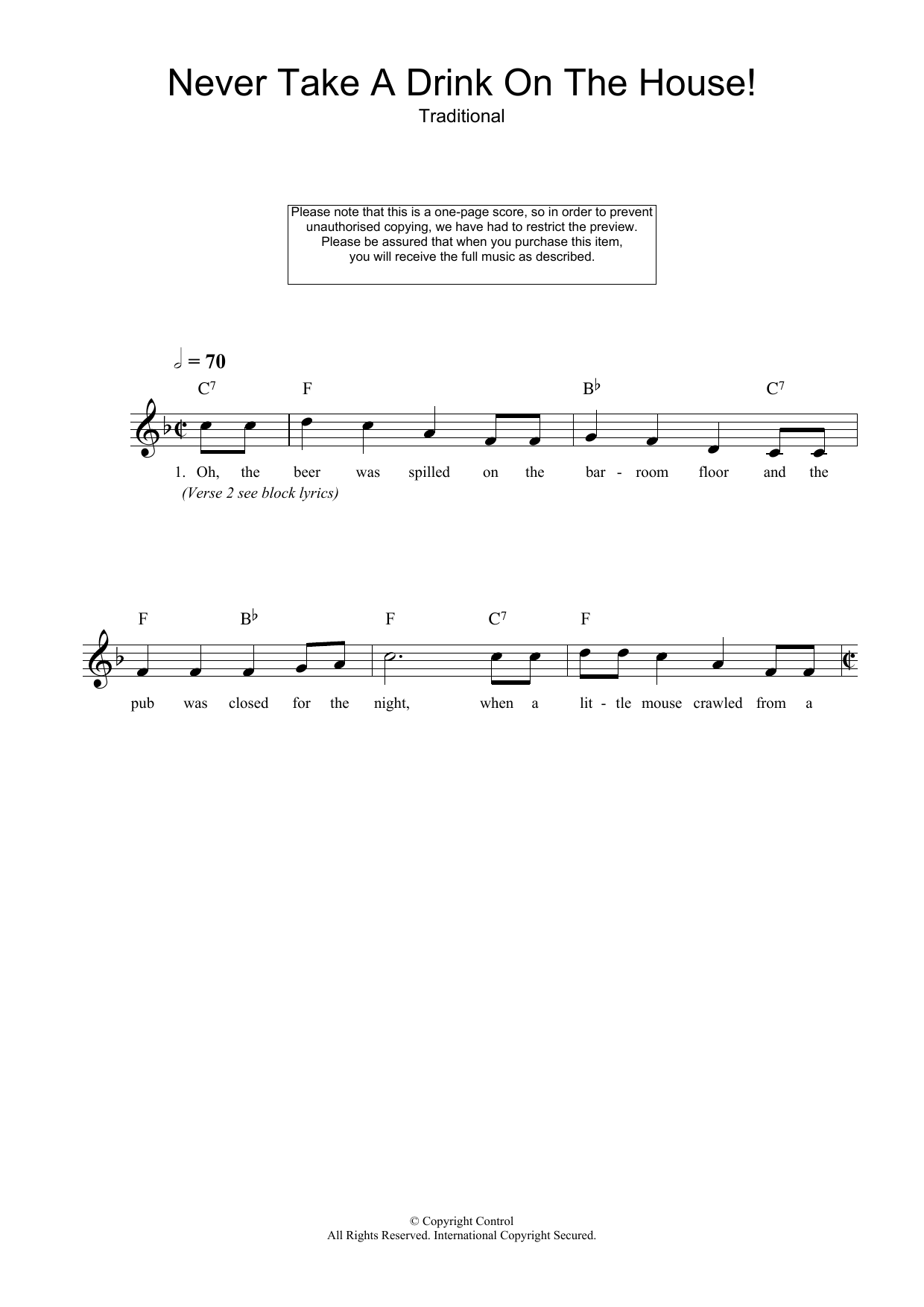 Traditional Never Take A Drink On The House! Sheet Music Notes & Chords for Melody Line, Lyrics & Chords - Download or Print PDF