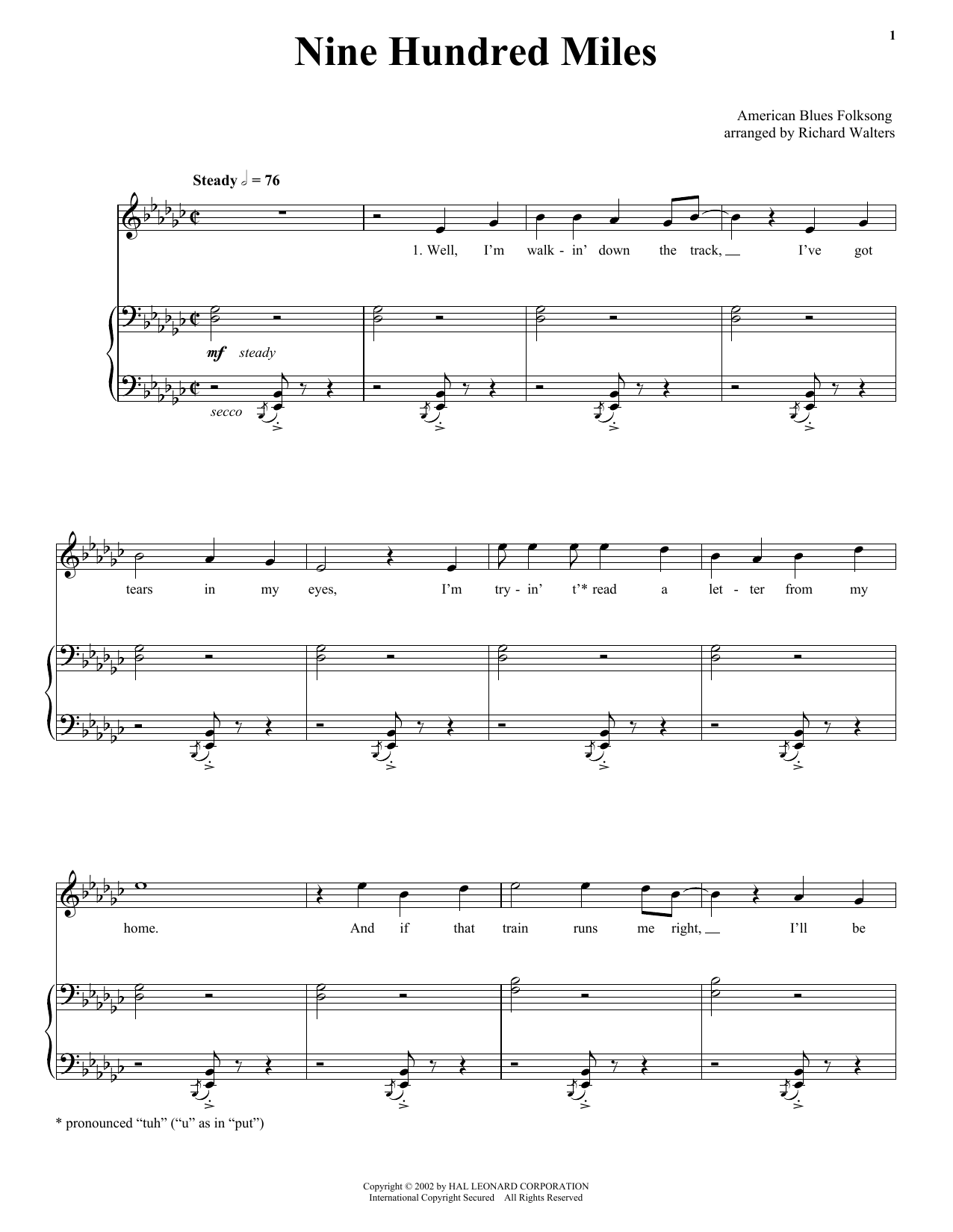 Traditional Nine Hundred Miles Sheet Music Notes & Chords for Piano, Vocal & Guitar (Right-Hand Melody) - Download or Print PDF