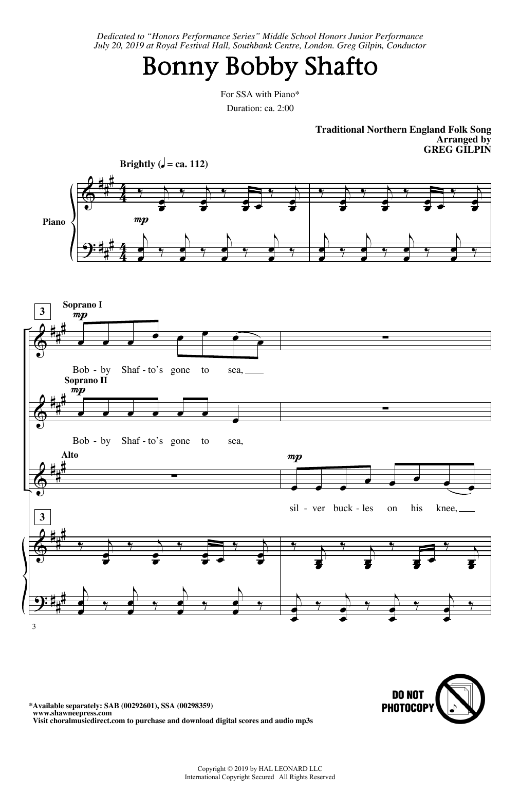 Traditional Northern England Folk Song Bonny Bobby Shafto (arr. Greg Gilpin) Sheet Music Notes & Chords for SSA Choir - Download or Print PDF