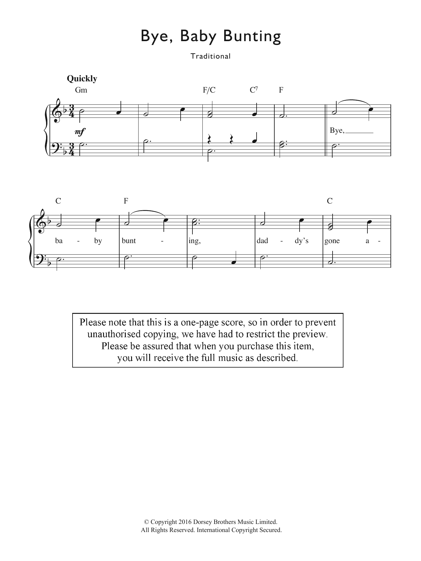Traditional Nursery Rhyme Bye, Baby Bunting Sheet Music Notes & Chords for Piano & Vocal - Download or Print PDF