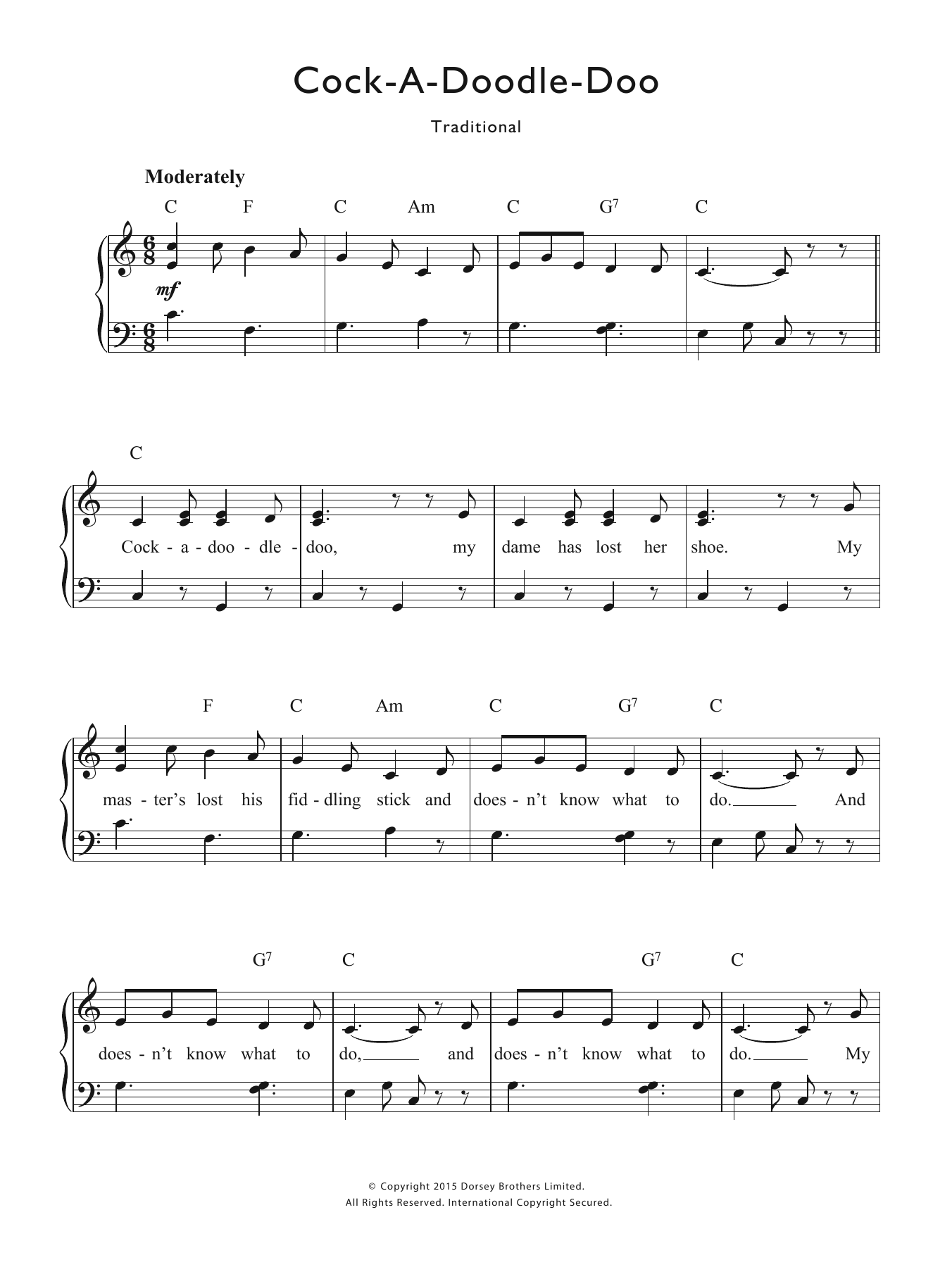 Traditional Nursery Rhyme Cock-A-Doodle-Doo Sheet Music Notes & Chords for Piano & Vocal - Download or Print PDF