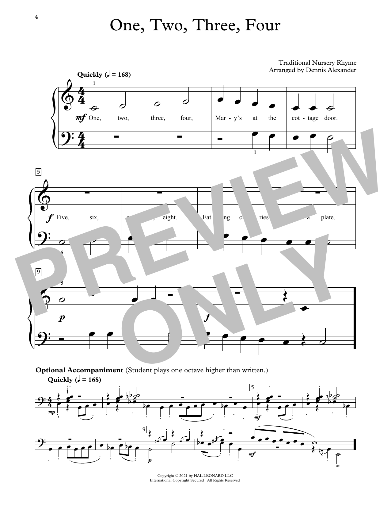 Traditional Nursery Rhyme One, Two, Three, Four Sheet Music Notes & Chords for Educational Piano - Download or Print PDF
