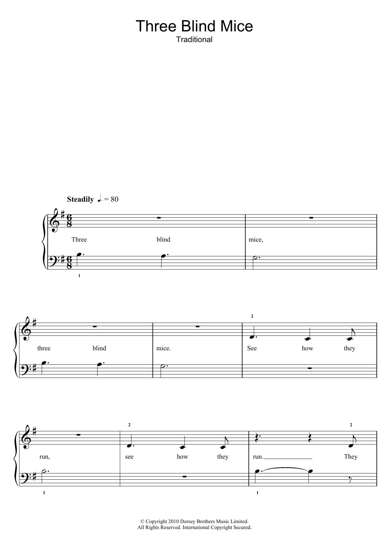 Traditional Nursery Rhyme Three Blind Mice Sheet Music Notes & Chords for 5-Finger Piano - Download or Print PDF