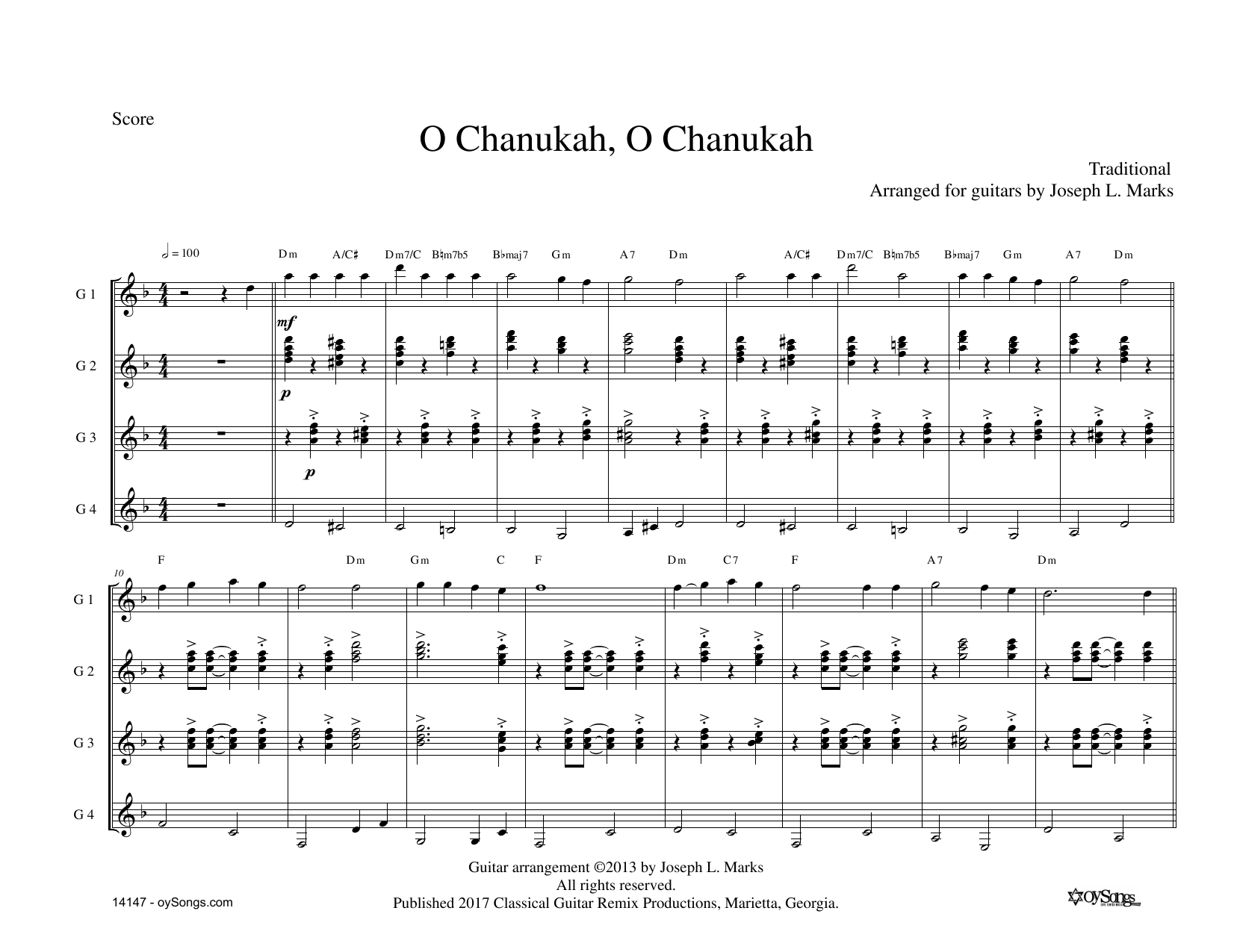 Traditional O Chanukah for Guitar Quartet (arr. Joe Marks) Sheet Music Notes & Chords for Piano, Vocal & Guitar (Right-Hand Melody) - Download or Print PDF
