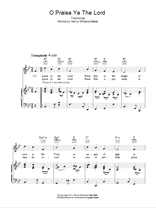 Traditional O Praise Ye The Lord Sheet Music Notes & Chords for Piano, Vocal & Guitar (Right-Hand Melody) - Download or Print PDF