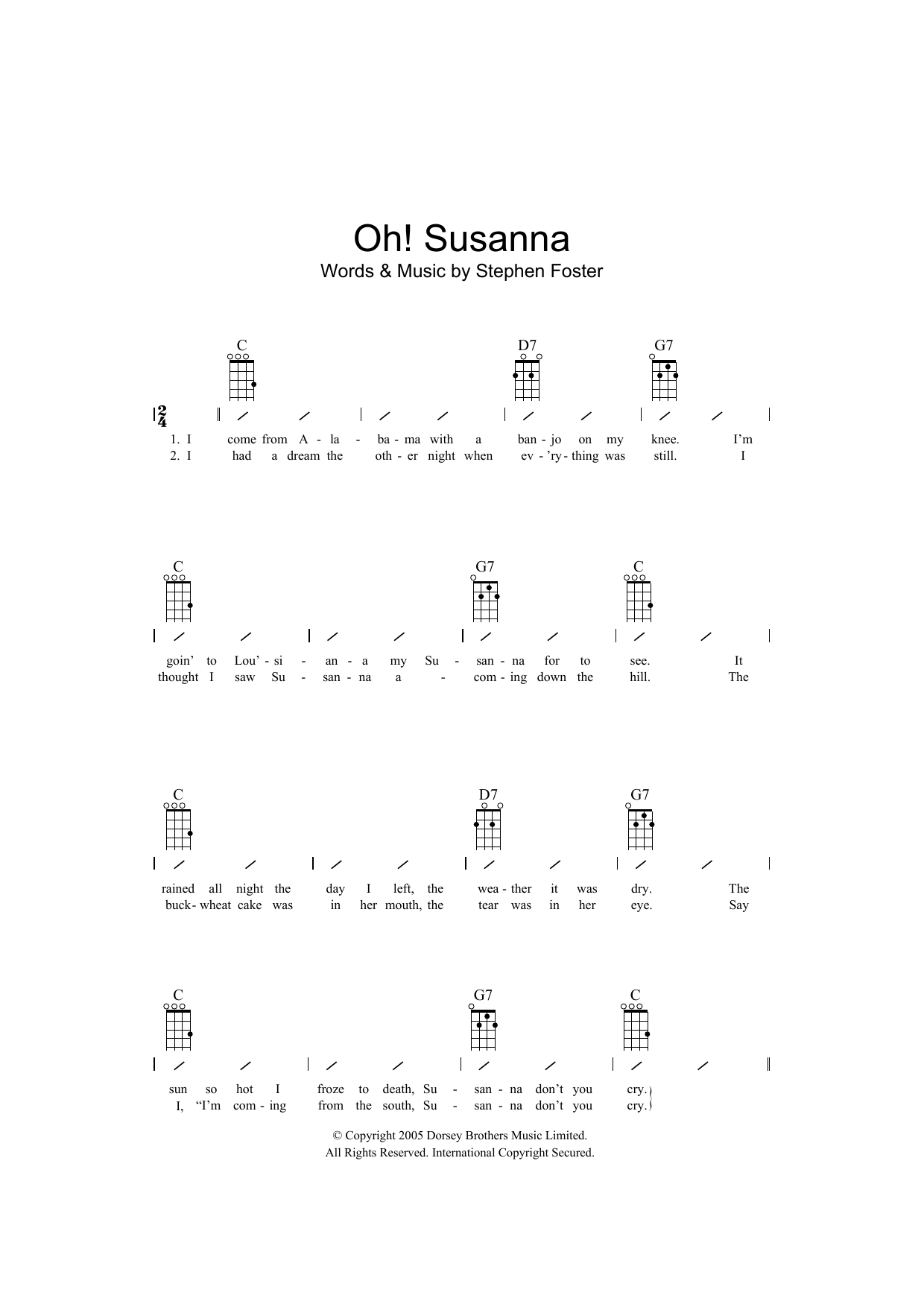 Traditional Oh! Susanna Sheet Music Notes & Chords for Ukulele with strumming patterns - Download or Print PDF